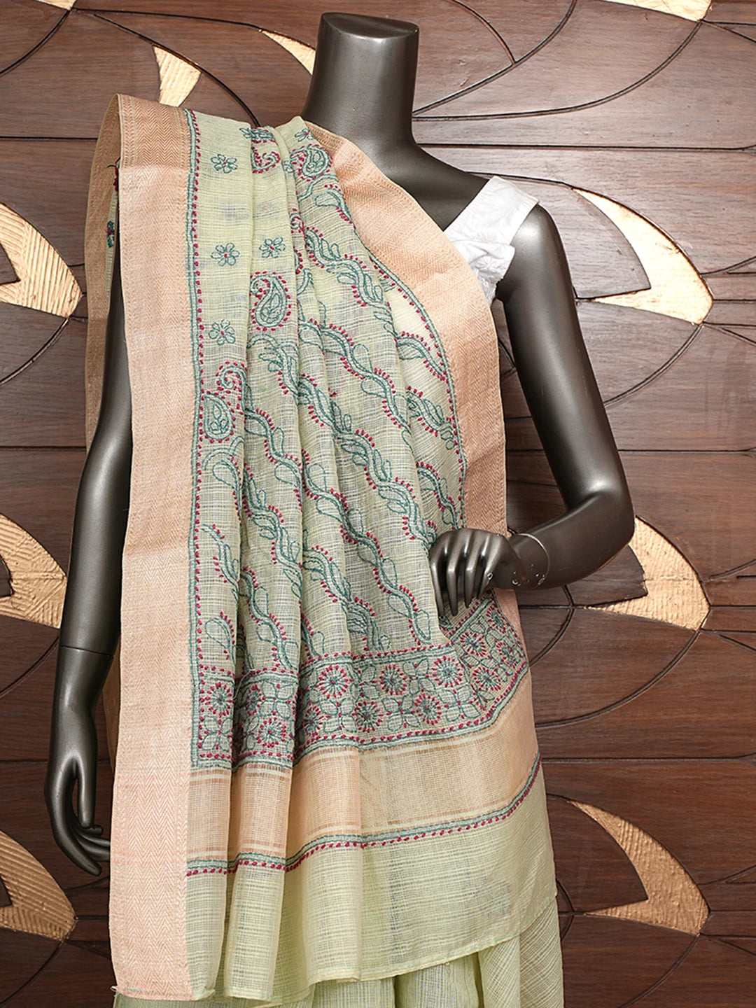 Ada Hand Embroidered Green Chanderi Lucknowi Chikankari Saree and Blouse 01A867929