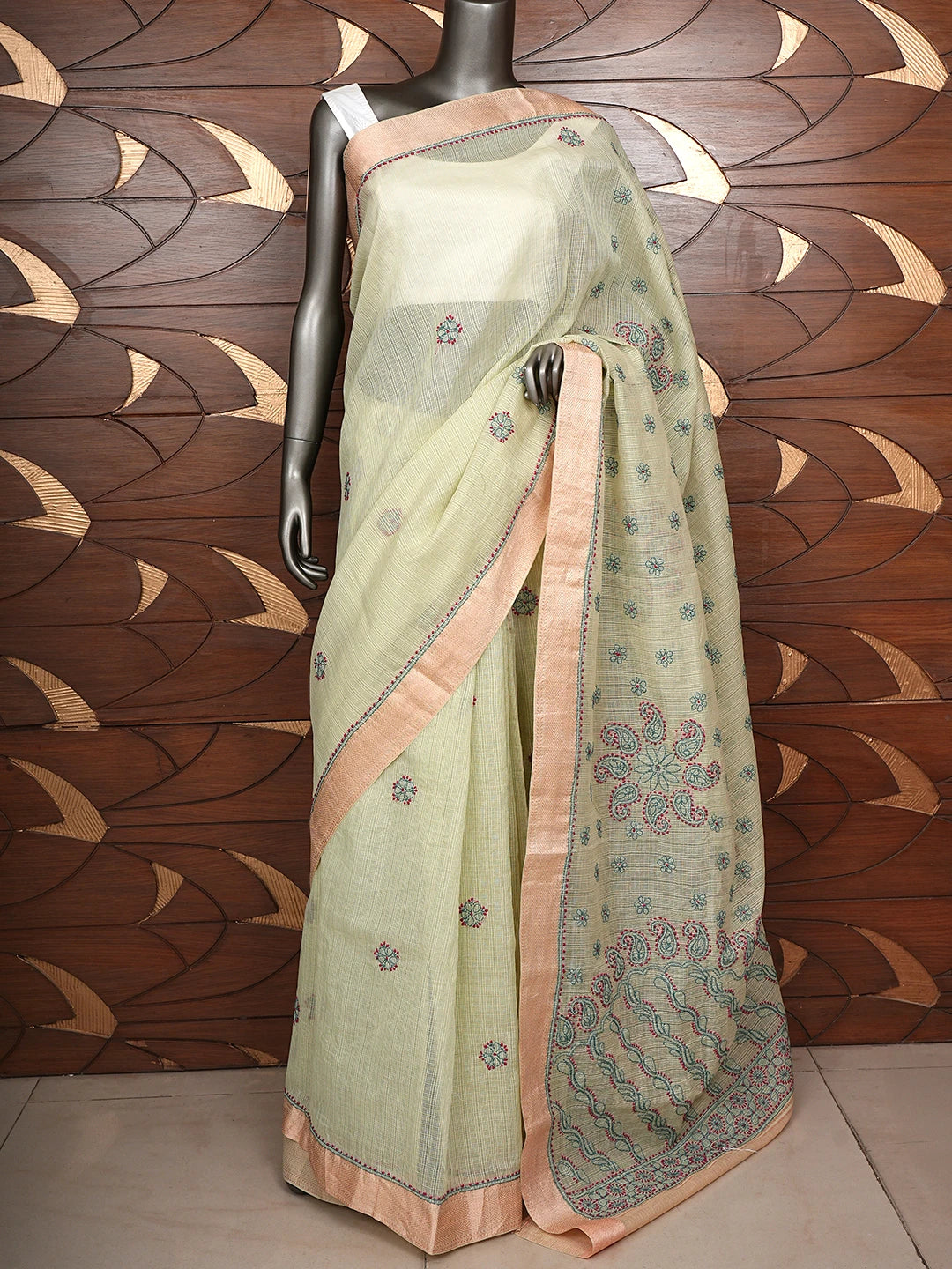 Ada Hand Embroidered Green Chanderi Lucknowi Chikankari Saree and Blouse 01A867929