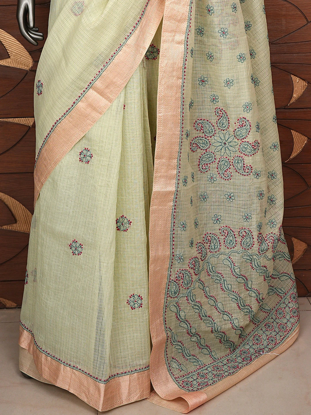Ada Hand Embroidered Green Chanderi Lucknowi Chikankari Saree and Blouse 01A867929