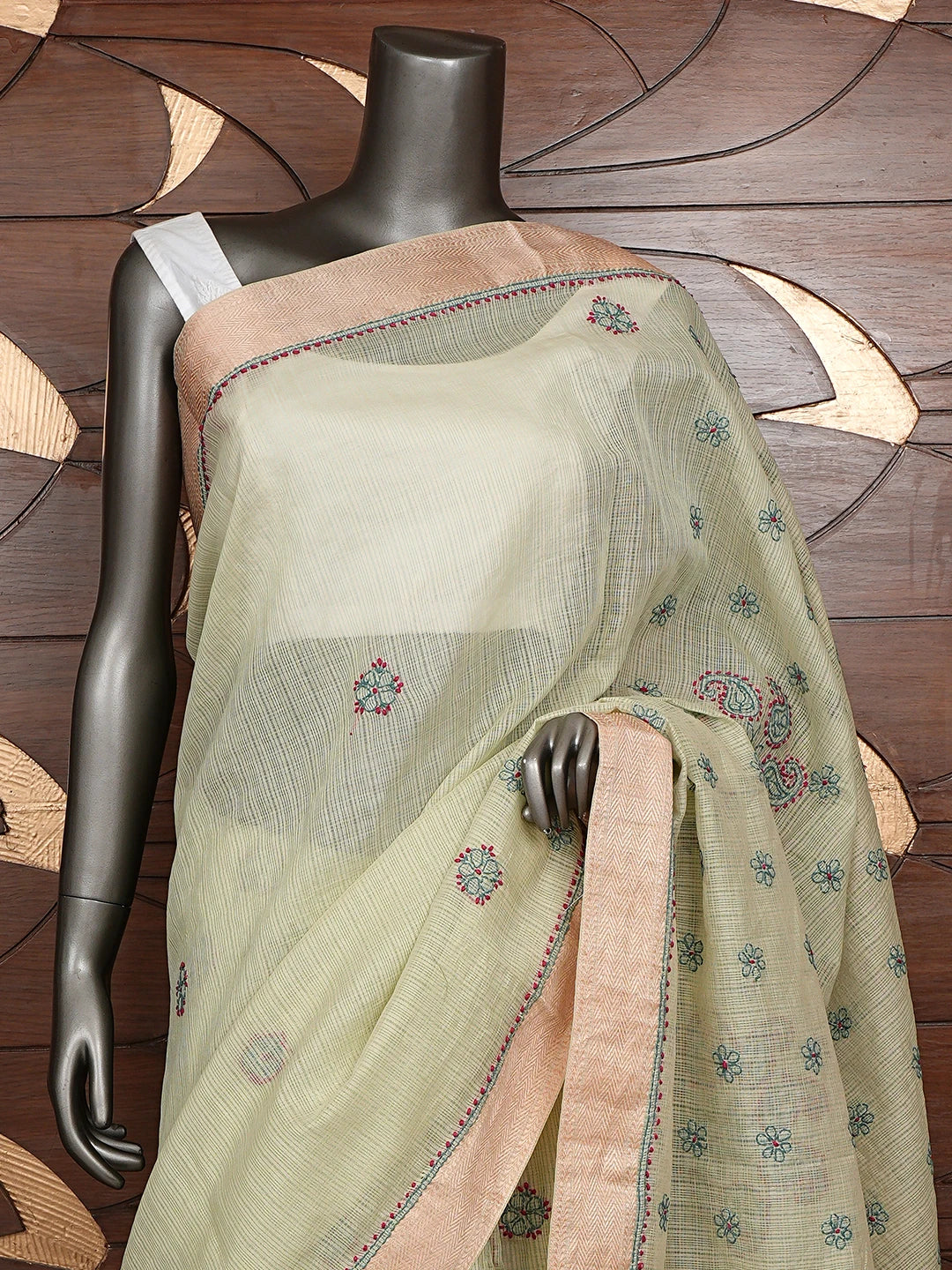 Ada Hand Embroidered Green Chanderi Lucknowi Chikankari Saree and Blouse 01A867929