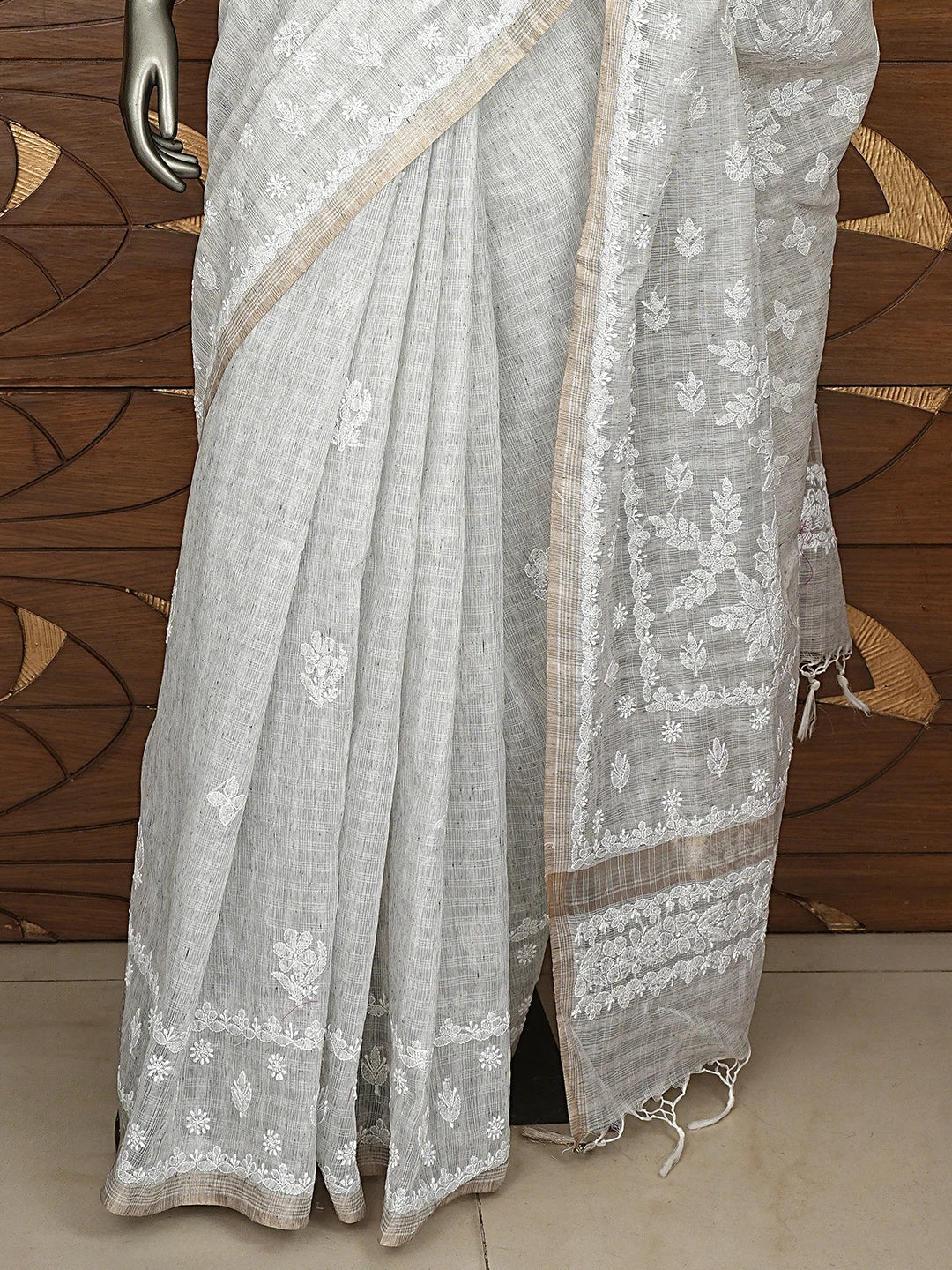 Ada Hand Embroidered Grey Chanderi Lucknowi Chikankari Saree and Blouse 01A879437