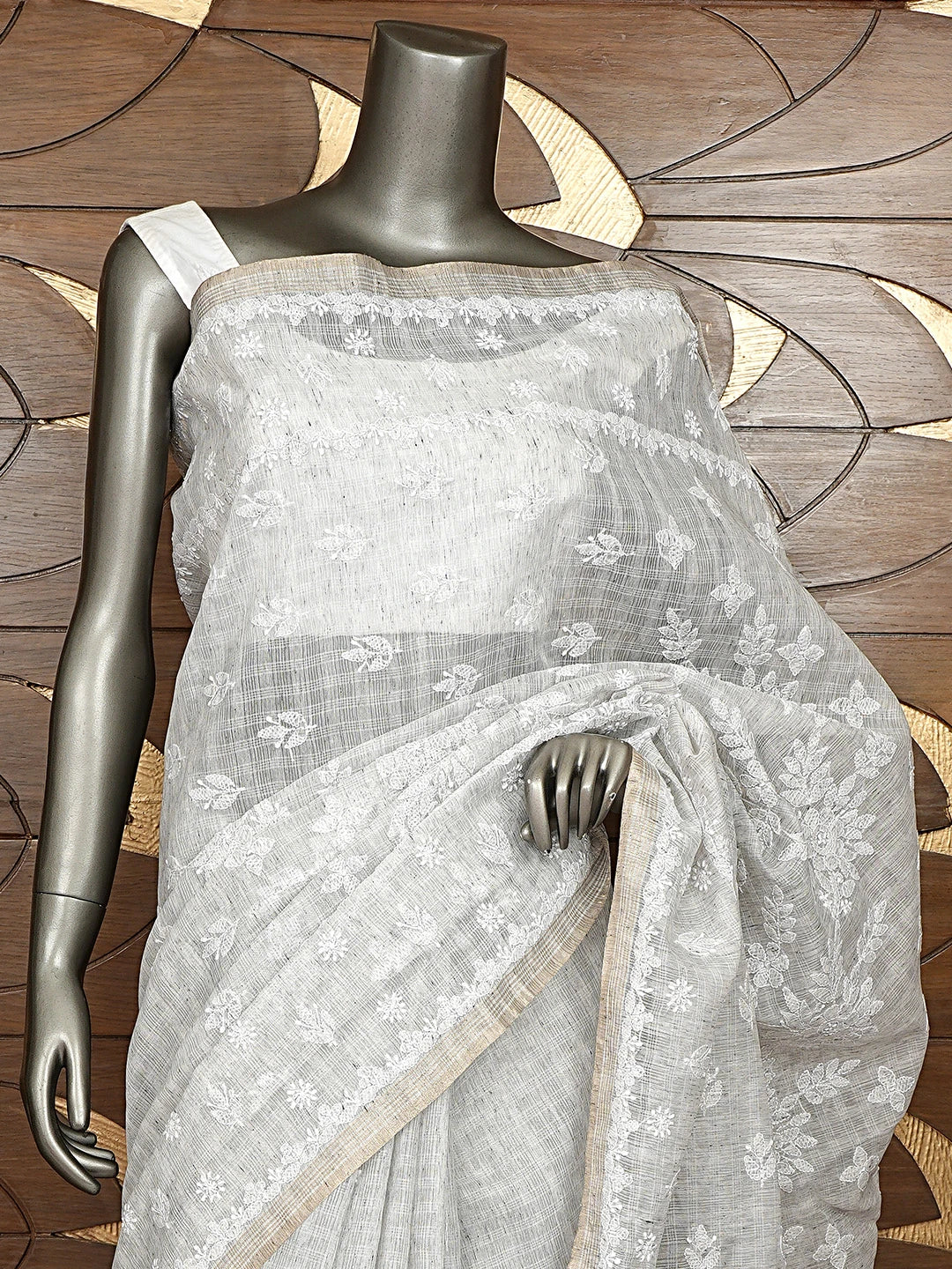 Ada Hand Embroidered Grey Chanderi Lucknowi Chikankari Saree and Blouse 01A879437