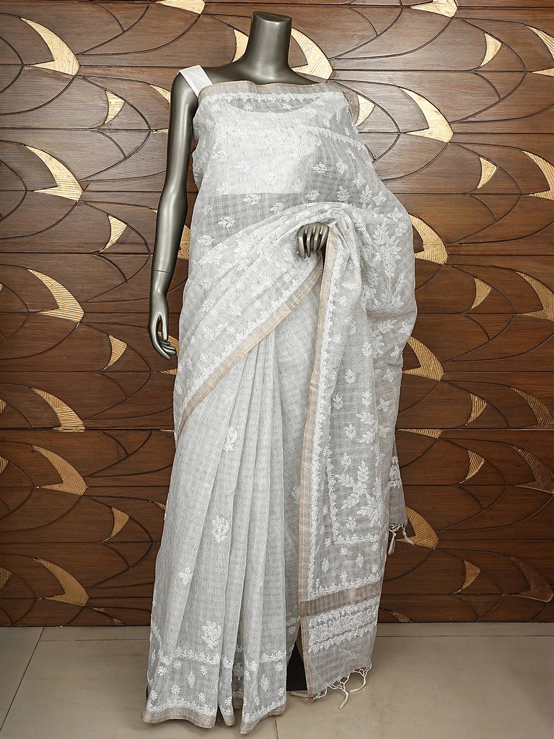 Ada Hand Embroidered Grey Chanderi Lucknowi Chikankari Saree and Blouse 01A879437