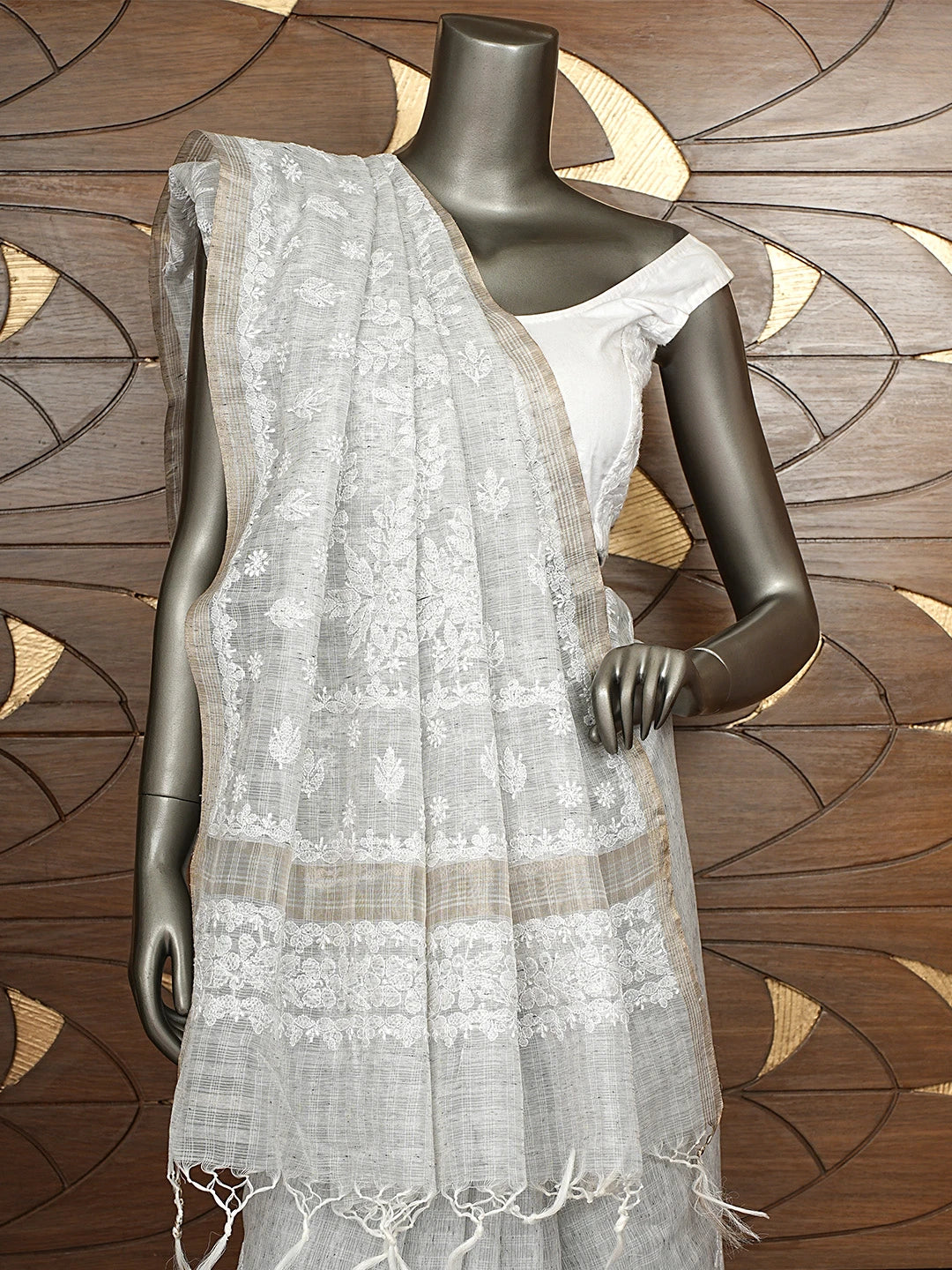Ada Hand Embroidered Grey Chanderi Lucknowi Chikankari Saree and Blouse 01A879437
