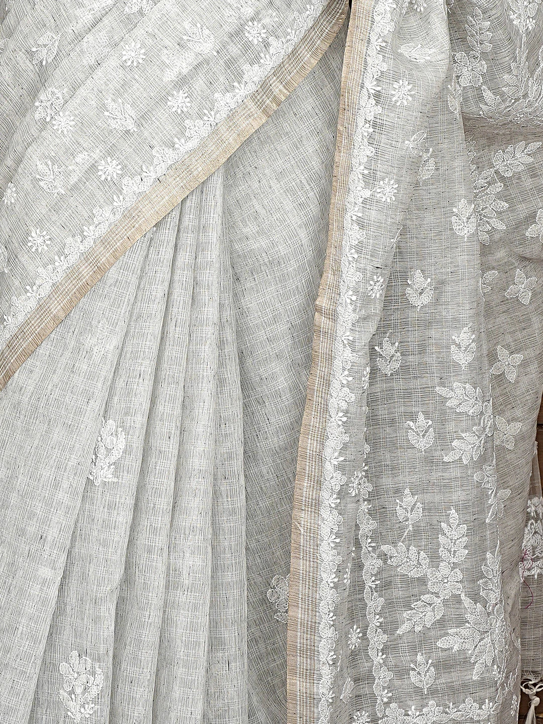 Ada Hand Embroidered Grey Chanderi Lucknowi Chikankari Saree and Blouse 01A879437