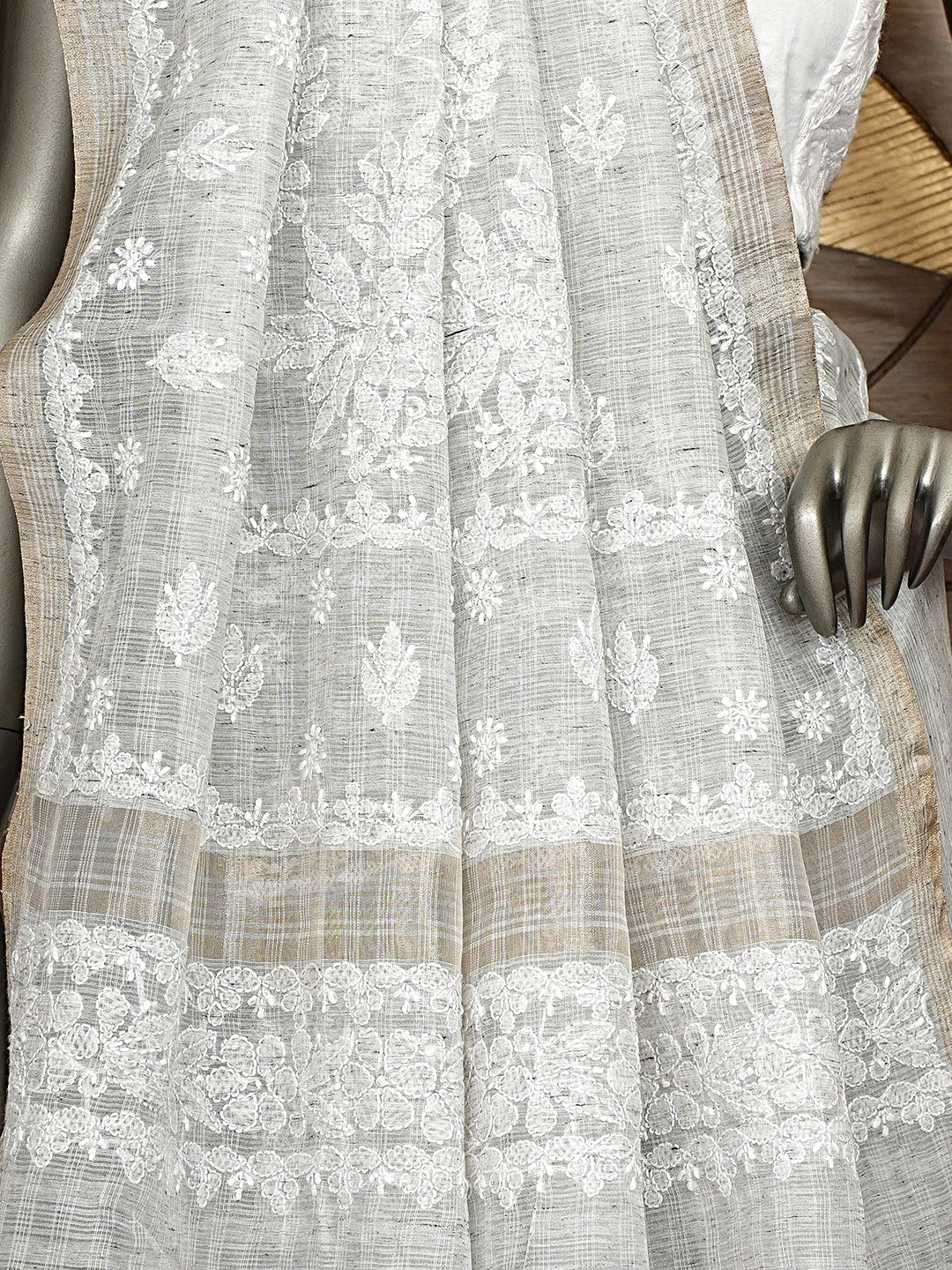 Ada Hand Embroidered Grey Chanderi Lucknowi Chikankari Saree and Blouse 01A879437