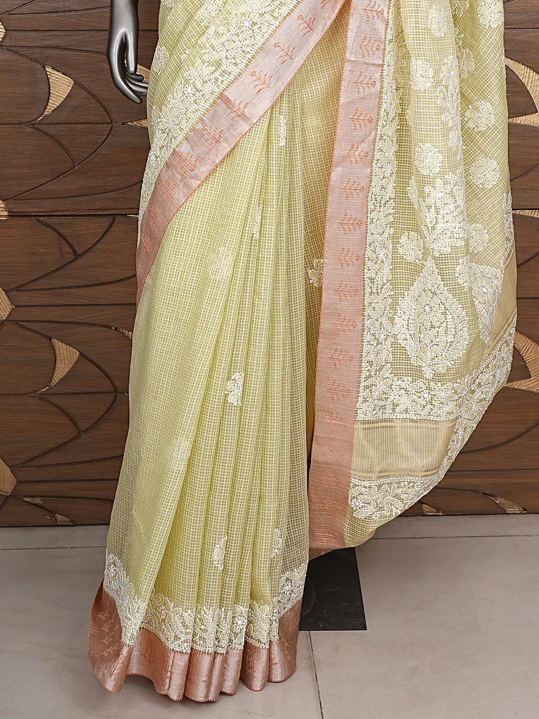 Ada Hand Embroidered Pista Green Chanderi Lucknowi Chikankari Saree and Blouse 01A869710