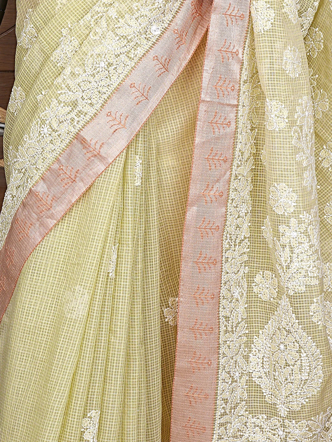 Ada Hand Embroidered Pista Green Chanderi Lucknowi Chikankari Saree and Blouse 01A869710