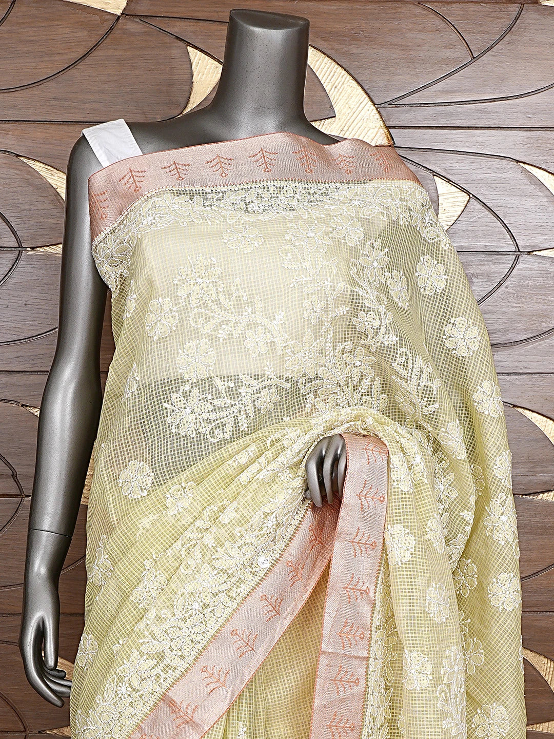 Ada Hand Embroidered Pista Green Chanderi Lucknowi Chikankari Saree and Blouse 01A869710