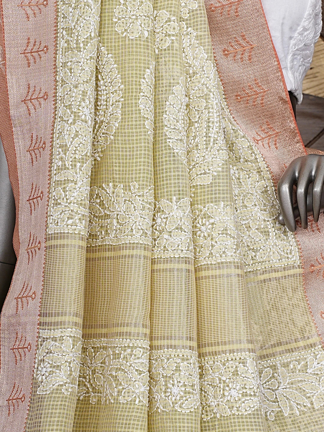 Ada Hand Embroidered Pista Green Chanderi Lucknowi Chikankari Saree and Blouse 01A869710