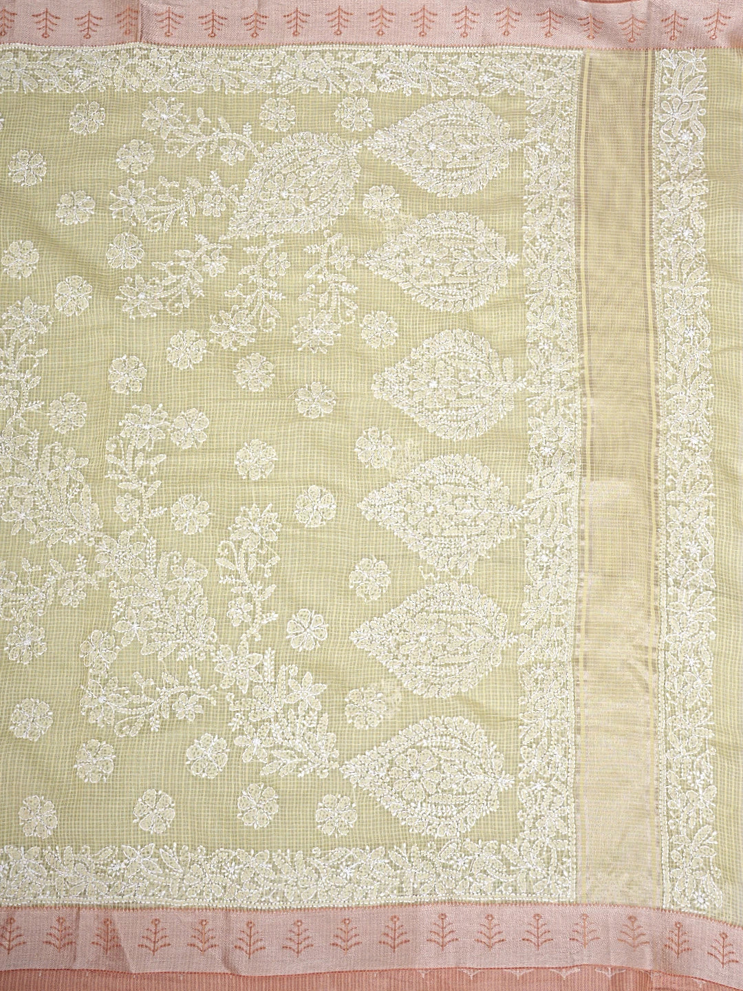 Ada Hand Embroidered Pista Green Chanderi Lucknowi Chikankari Saree and Blouse 01A869710