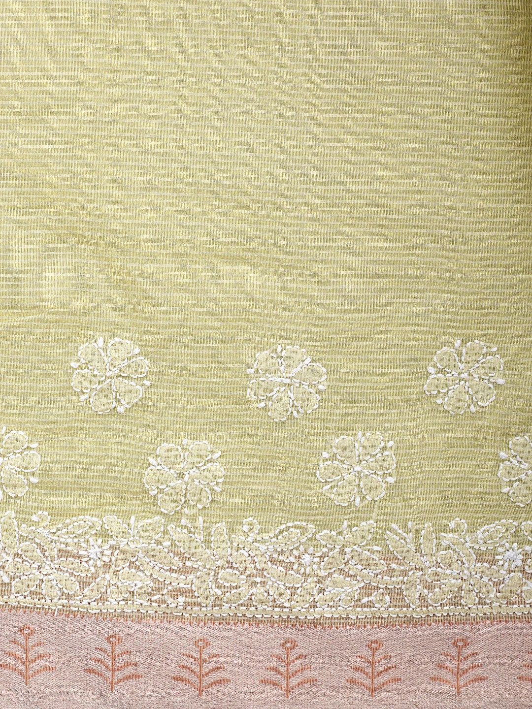 Ada Hand Embroidered Pista Green Chanderi Lucknowi Chikankari Saree and Blouse 01A869710