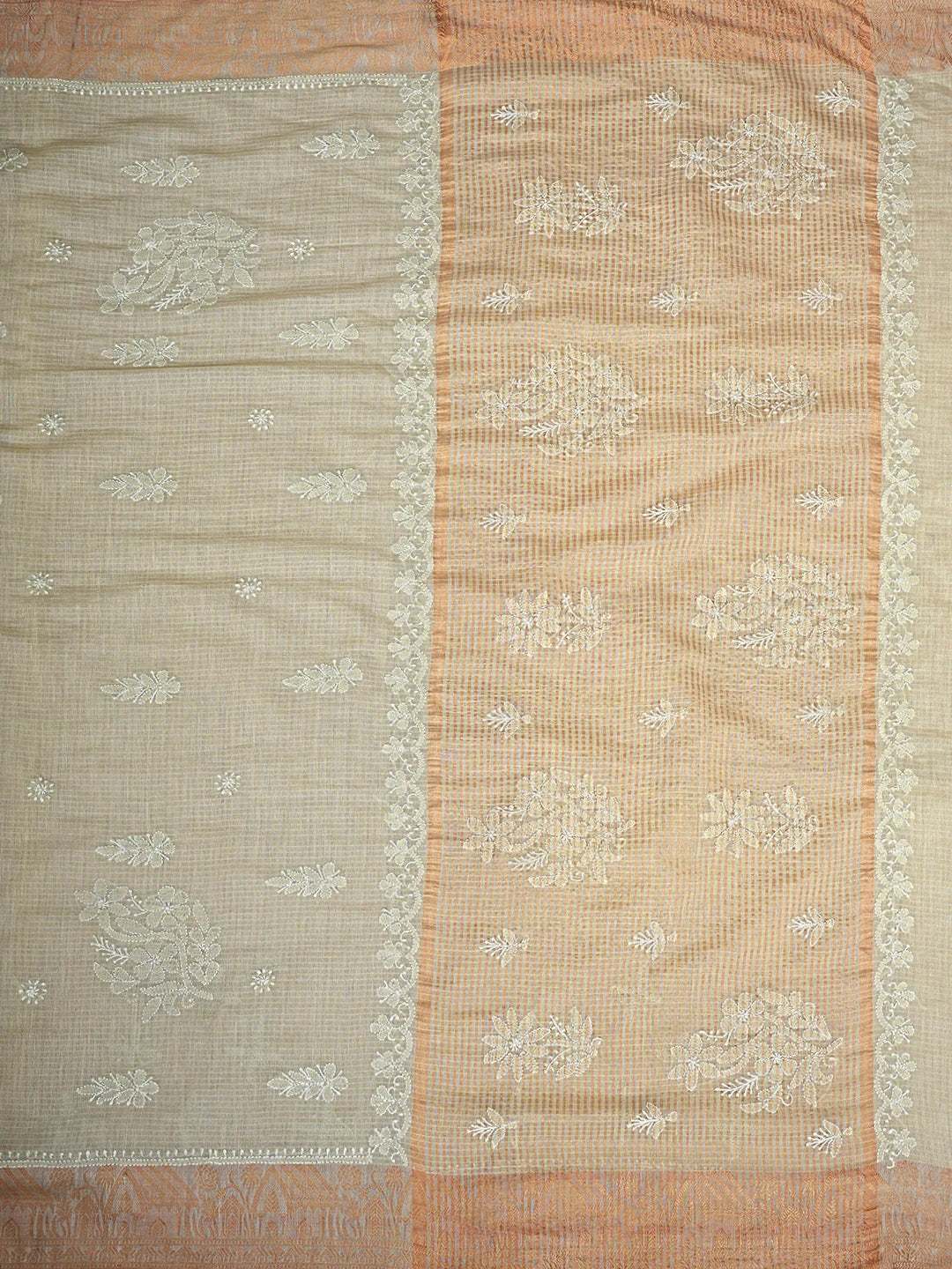 Ada Hand Embroidered Fawn Chanderi Lucknowi Chikankari Saree and Blouse 01A575112