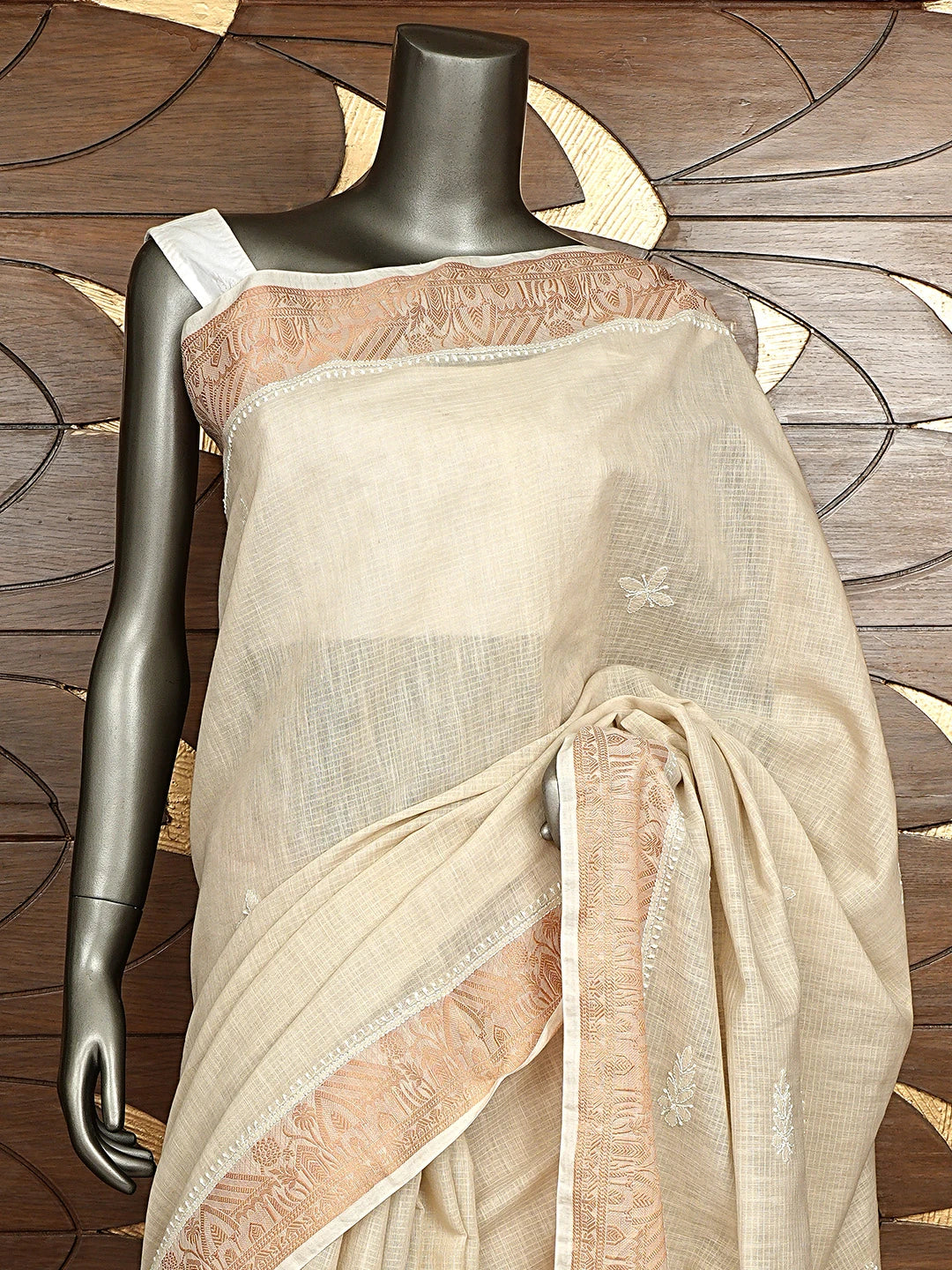 Ada Hand Embroidered Fawn Chanderi Lucknowi Chikankari Saree and Blouse 01A575112