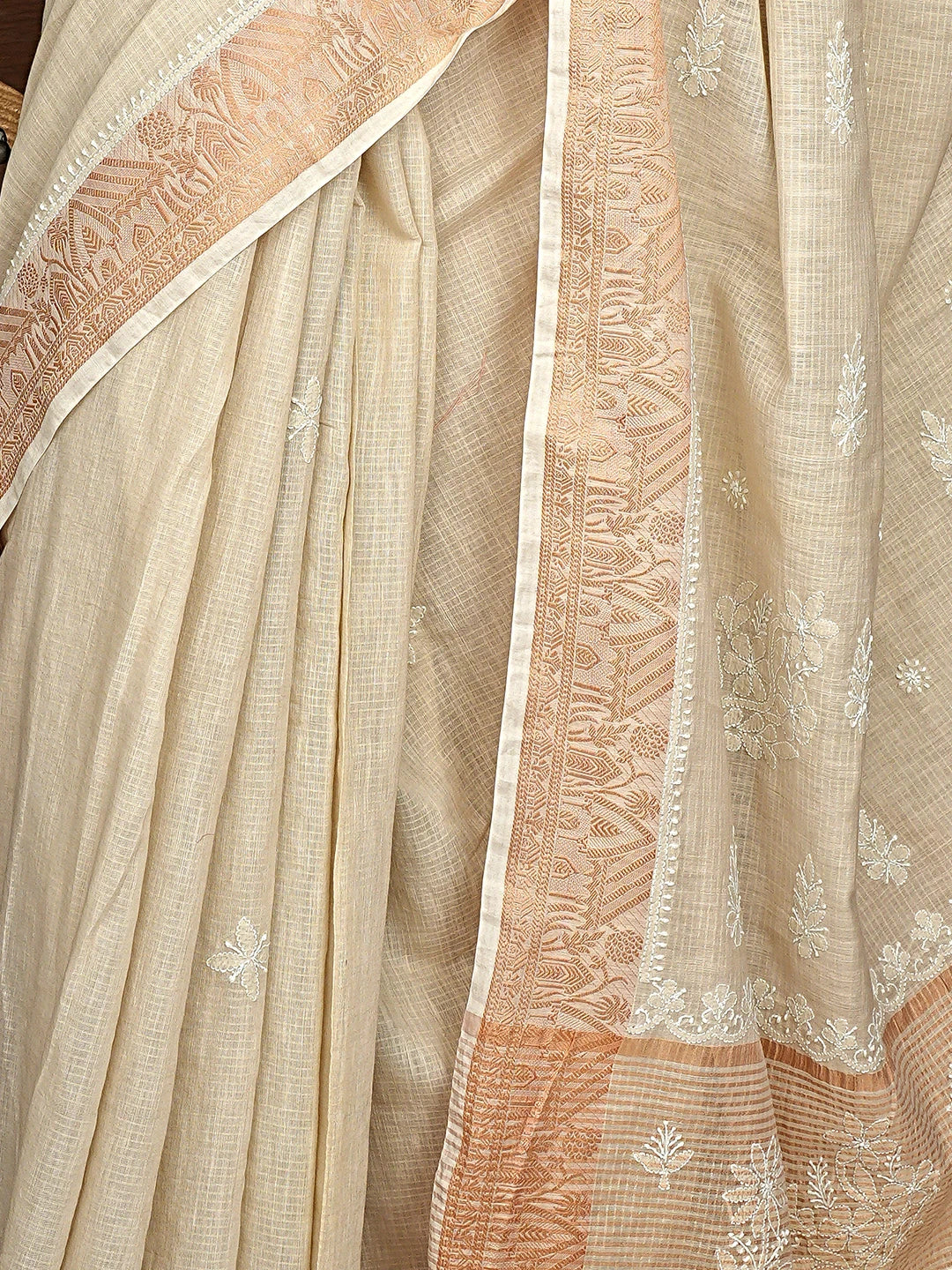 Ada Hand Embroidered Fawn Chanderi Lucknowi Chikankari Saree and Blouse 01A575112