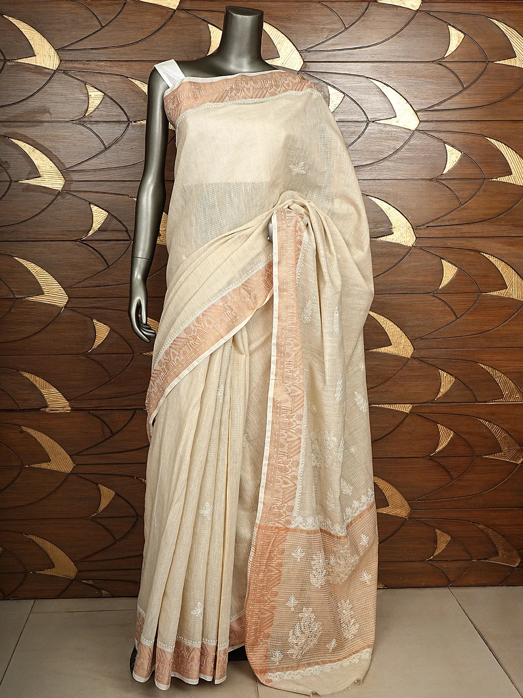 Ada Hand Embroidered Fawn Chanderi Lucknowi Chikankari Saree and Blouse 01A575112