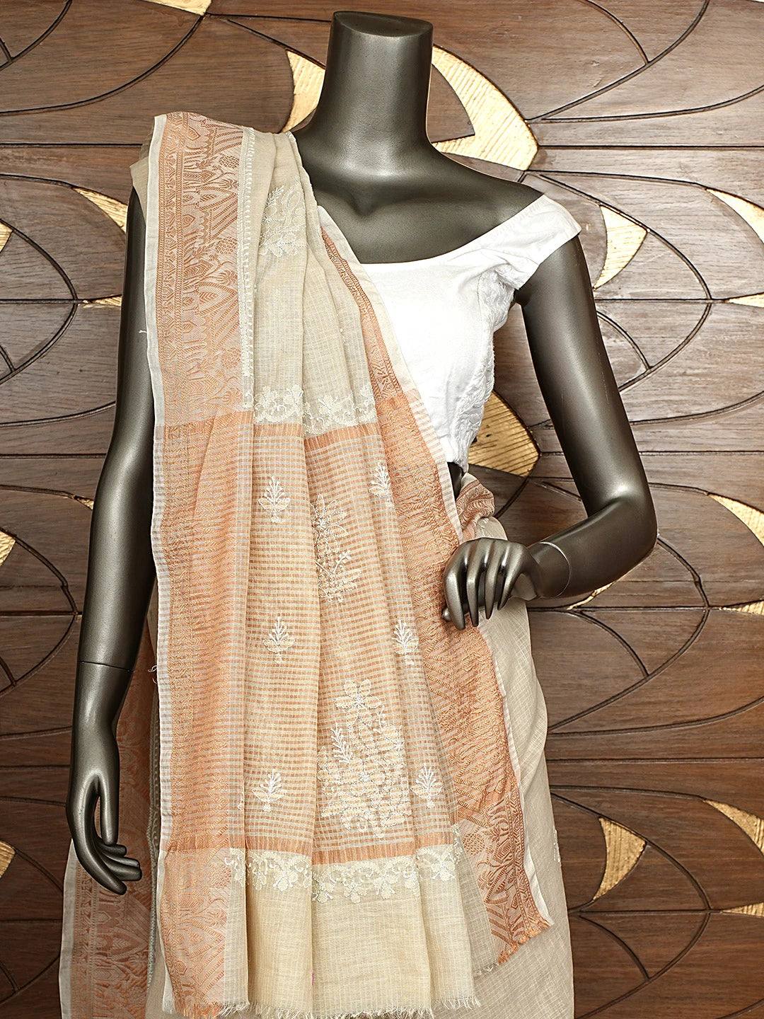 Ada Hand Embroidered Fawn Chanderi Lucknowi Chikankari Saree and Blouse 01A575112