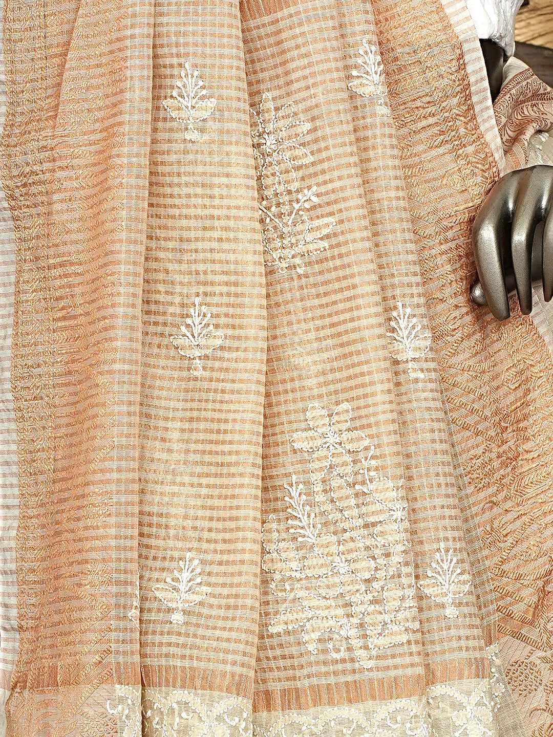 Ada Hand Embroidered Fawn Chanderi Lucknowi Chikankari Saree and Blouse 01A575112