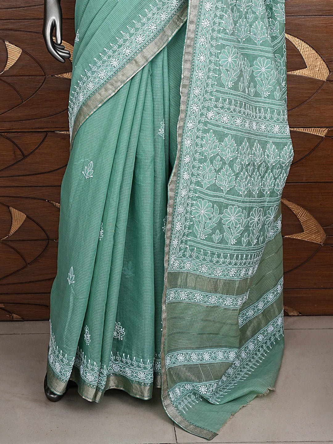 Ada Hand Embroidered Green Chanderi Lucknowi Chikankari Saree and Blouse 01A879467