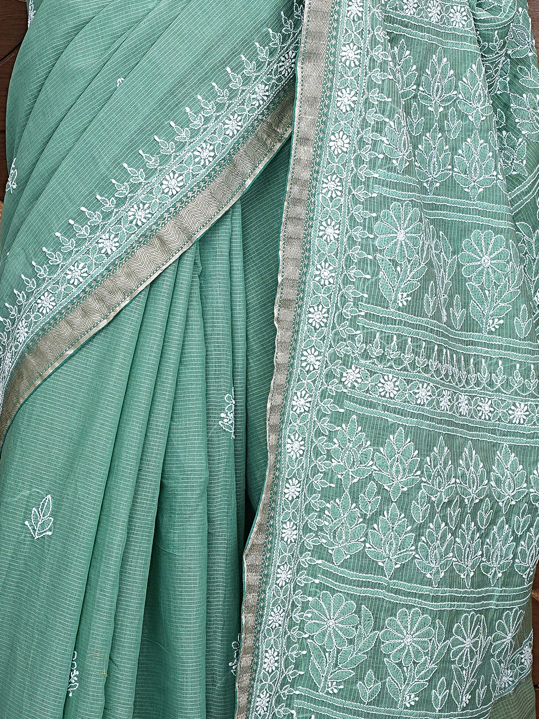 Ada Hand Embroidered Green Chanderi Lucknowi Chikankari Saree and Blouse 01A879467