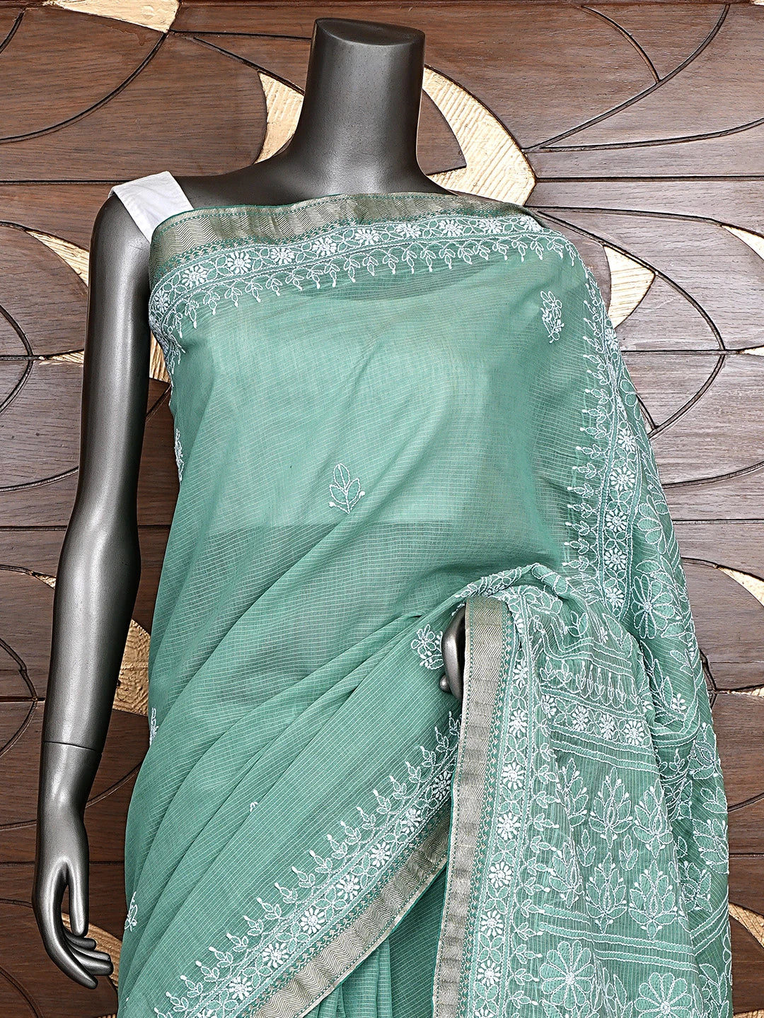 Ada Hand Embroidered Green Chanderi Lucknowi Chikankari Saree and Blouse 01A879467