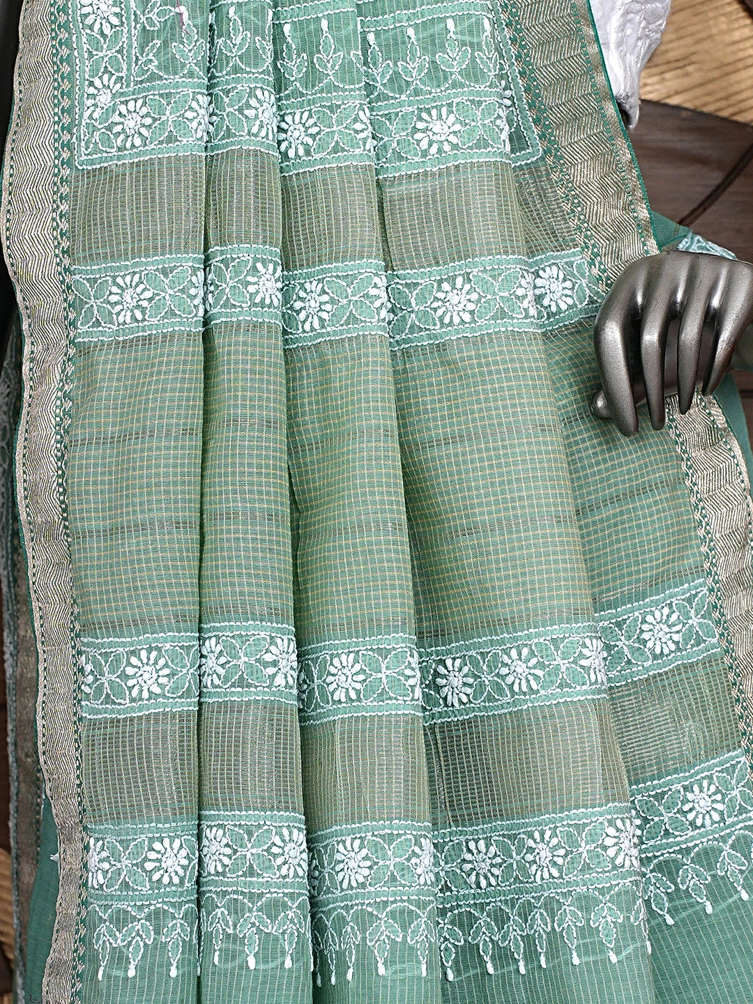 Ada Hand Embroidered Green Chanderi Lucknowi Chikankari Saree and Blouse 01A879467