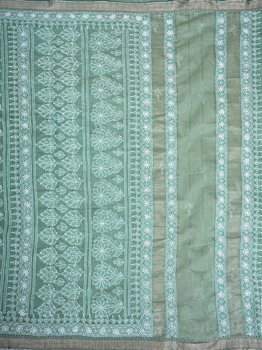 Ada Hand Embroidered Green Chanderi Lucknowi Chikankari Saree and Blouse 01A879467