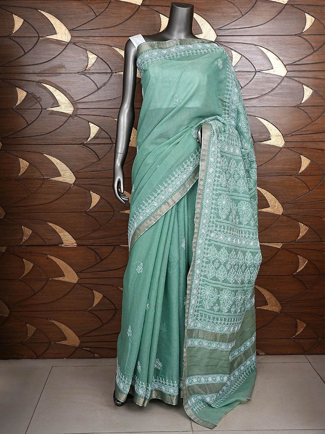 Ada Hand Embroidered Green Chanderi Lucknowi Chikankari Saree and Blouse 01A879467