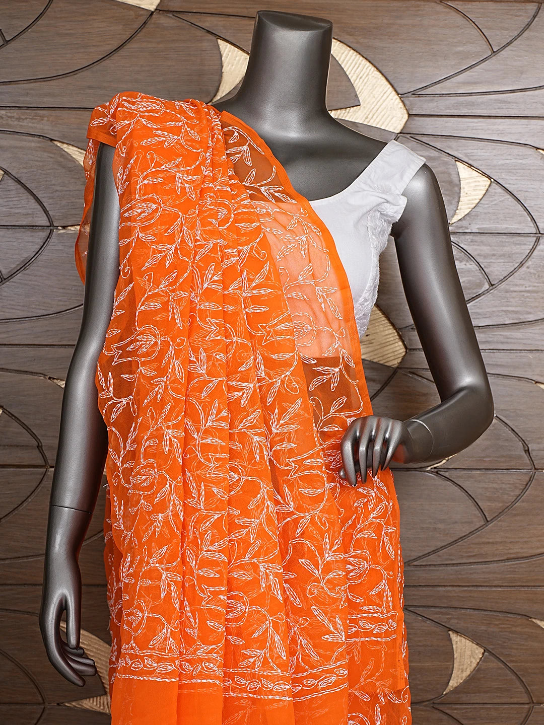 Ada Hand Embroidered Orange Georgette Lucknowi Chikankari Saree and Blouse 01A897259