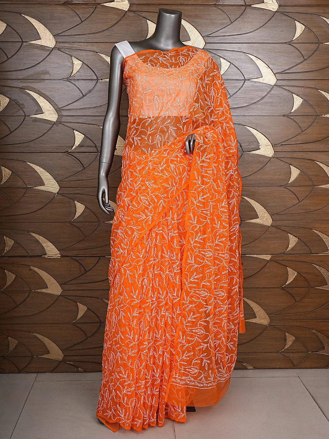 Ada Hand Embroidered Orange Georgette Lucknowi Chikankari Saree and Blouse 01A897259