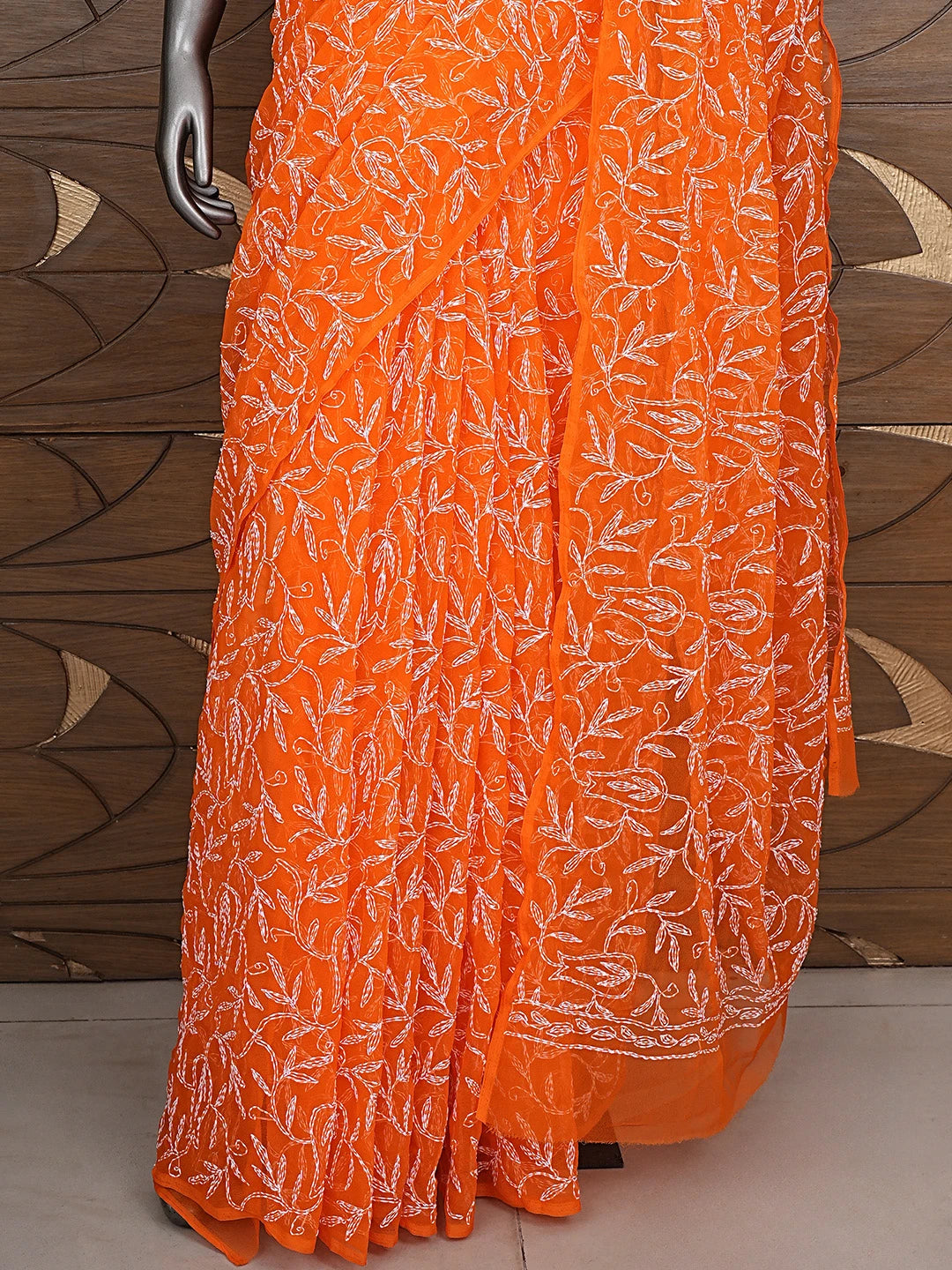 Ada Hand Embroidered Orange Georgette Lucknowi Chikankari Saree and Blouse 01A897259