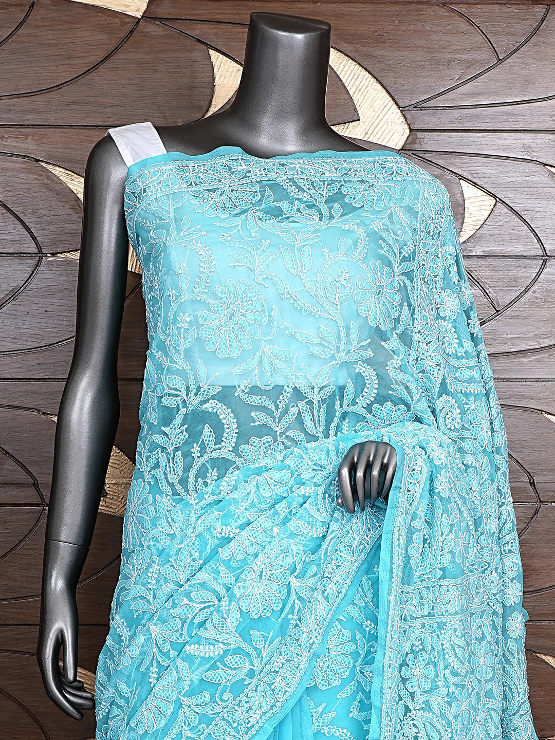 Ada Hand Embroidered Blue Georgette Lucknowi Chikankari Saree and Blouse 01A756701