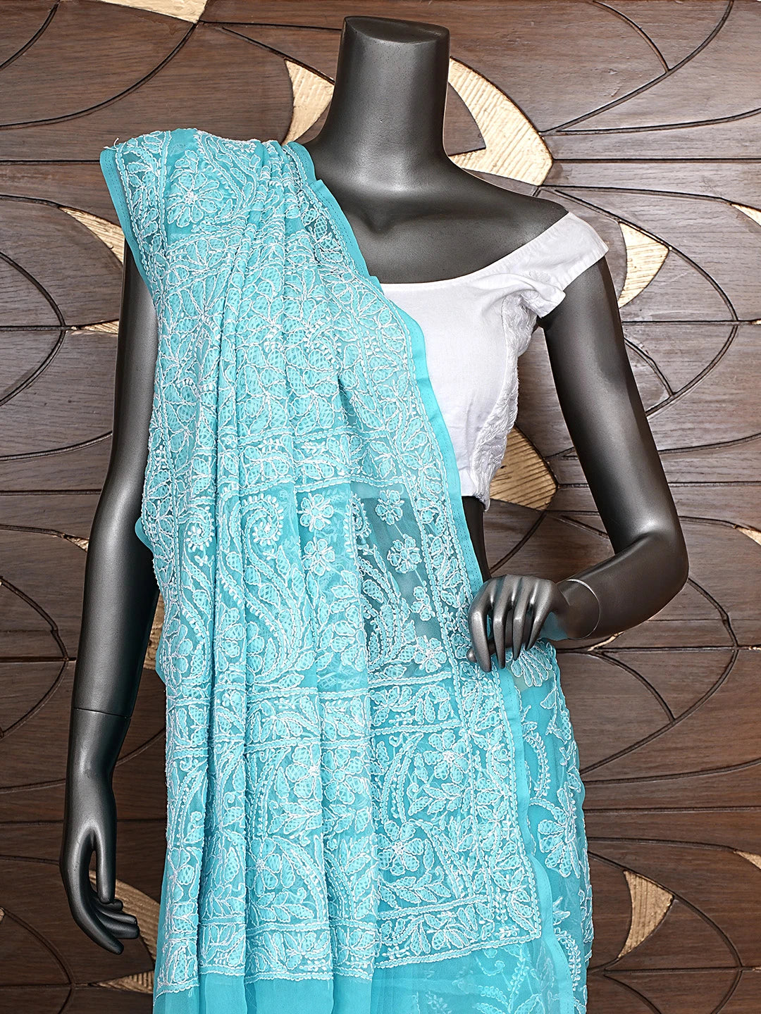 Ada Hand Embroidered Blue Georgette Lucknowi Chikankari Saree and Blouse 01A756701