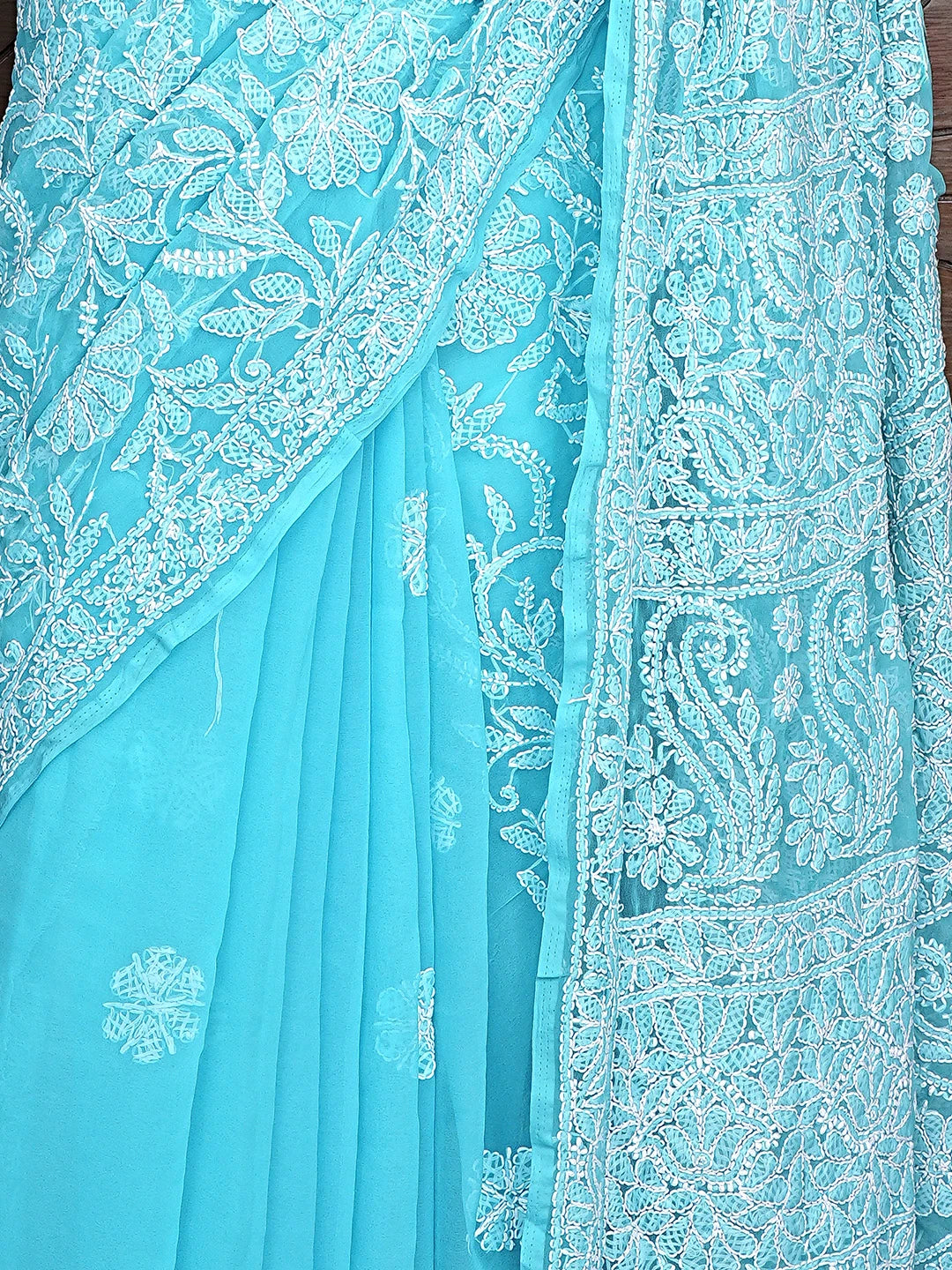 Ada Hand Embroidered Blue Georgette Lucknowi Chikankari Saree and Blouse 01A756701