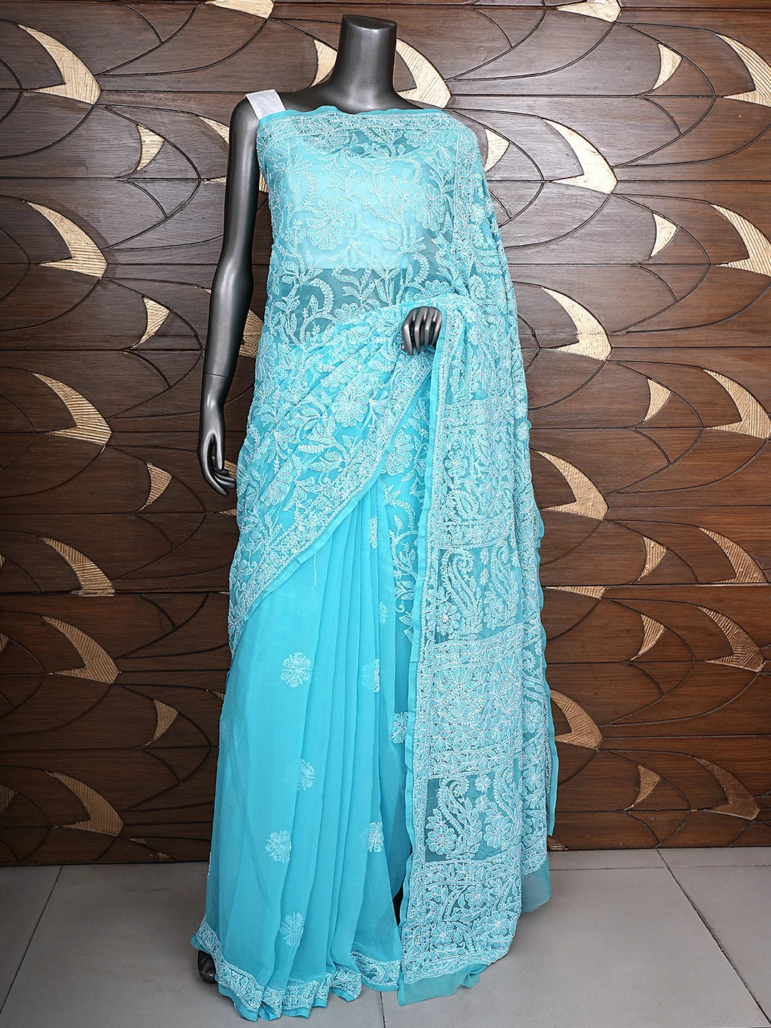 Ada Hand Embroidered Blue Georgette Lucknowi Chikankari Saree and Blouse 01A756701