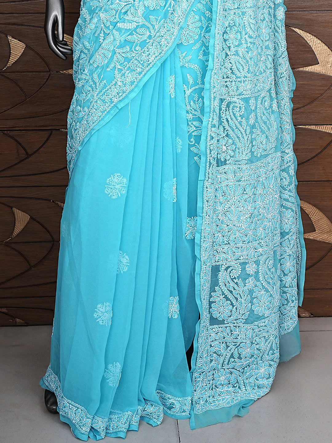 Ada Hand Embroidered Blue Georgette Lucknowi Chikankari Saree and Blouse 01A756701