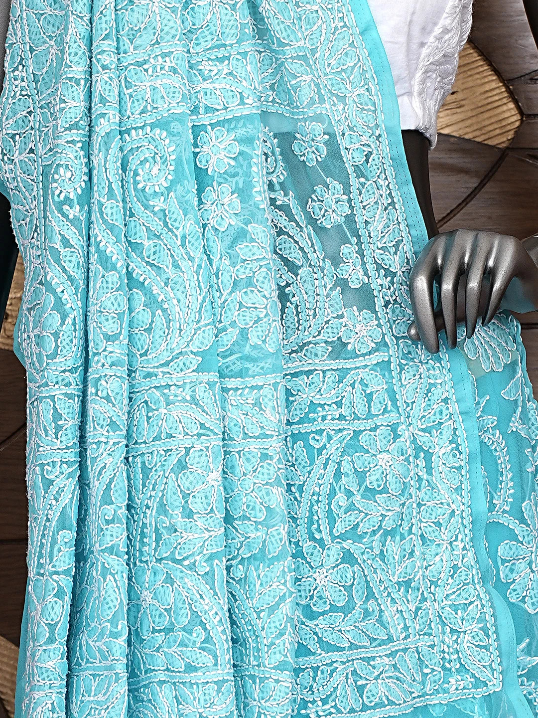 Ada Hand Embroidered Blue Georgette Lucknowi Chikankari Saree and Blouse 01A756701