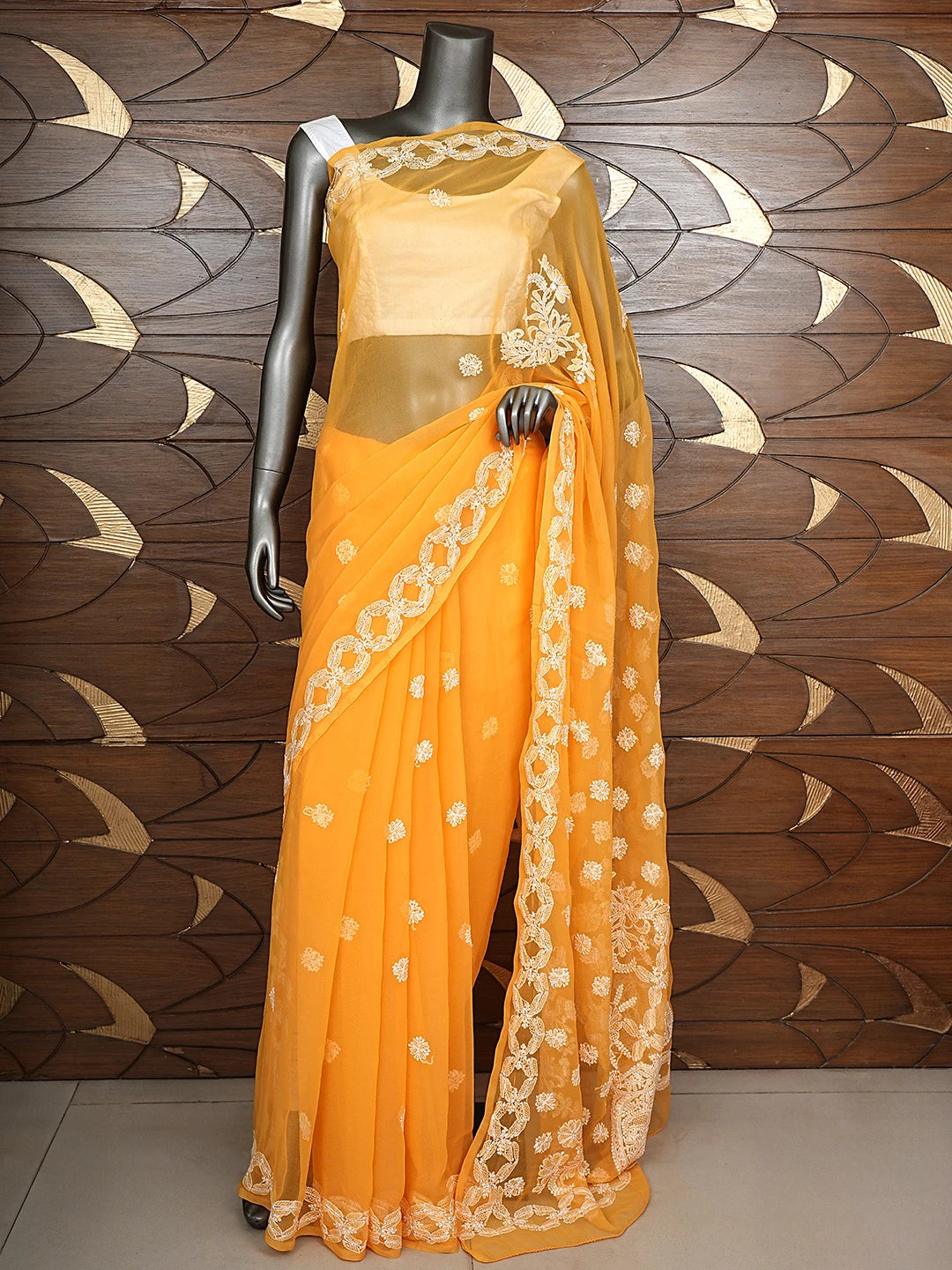Ada Hand Embroidered Mustard Georgette Lucknowi Chikankari Saree and Blouse 01A825620