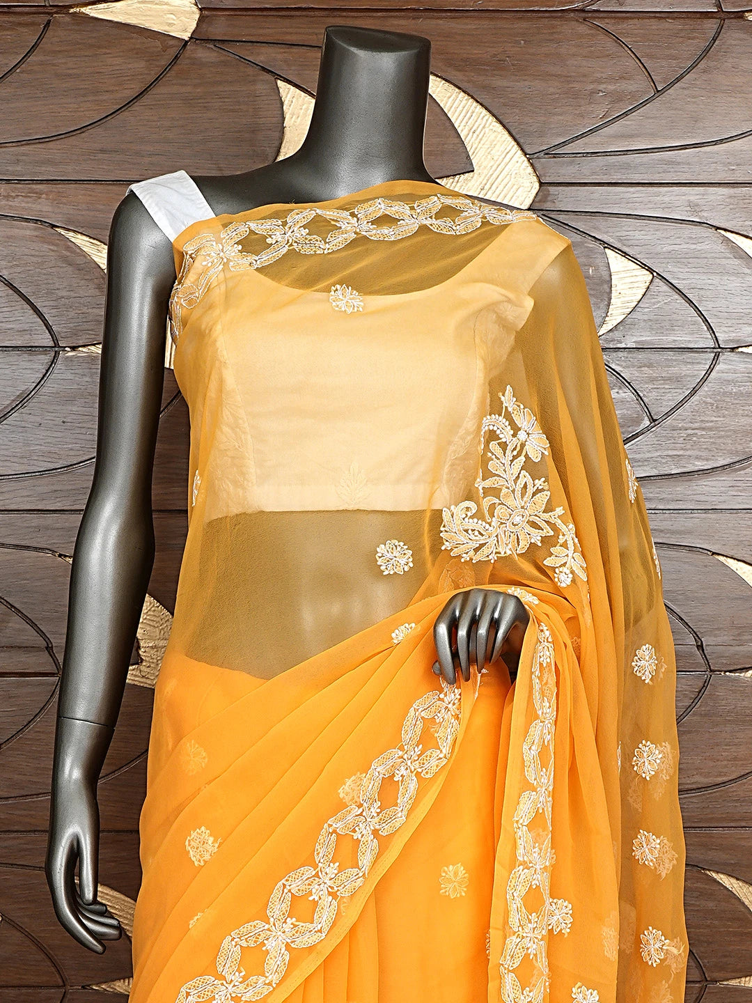Ada Hand Embroidered Mustard Georgette Lucknowi Chikankari Saree and Blouse 01A825620