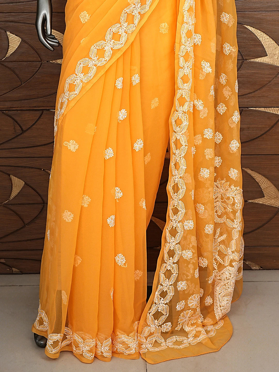 Ada Hand Embroidered Mustard Georgette Lucknowi Chikankari Saree and Blouse 01A825620