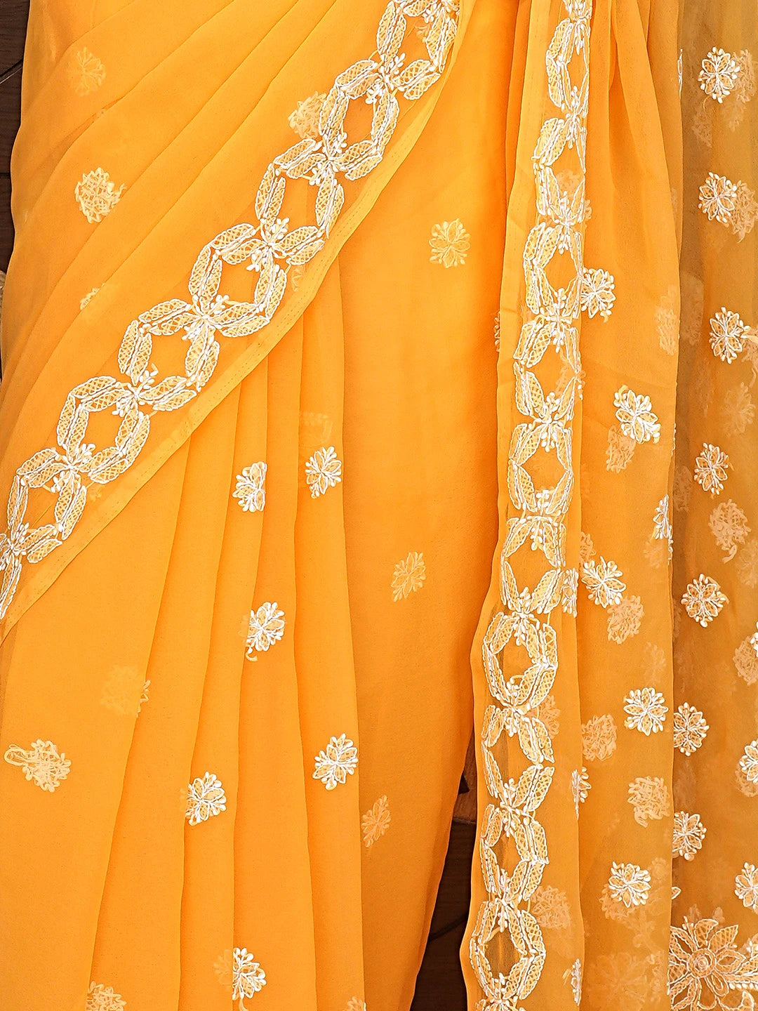 Ada Hand Embroidered Mustard Georgette Lucknowi Chikankari Saree and Blouse 01A825620