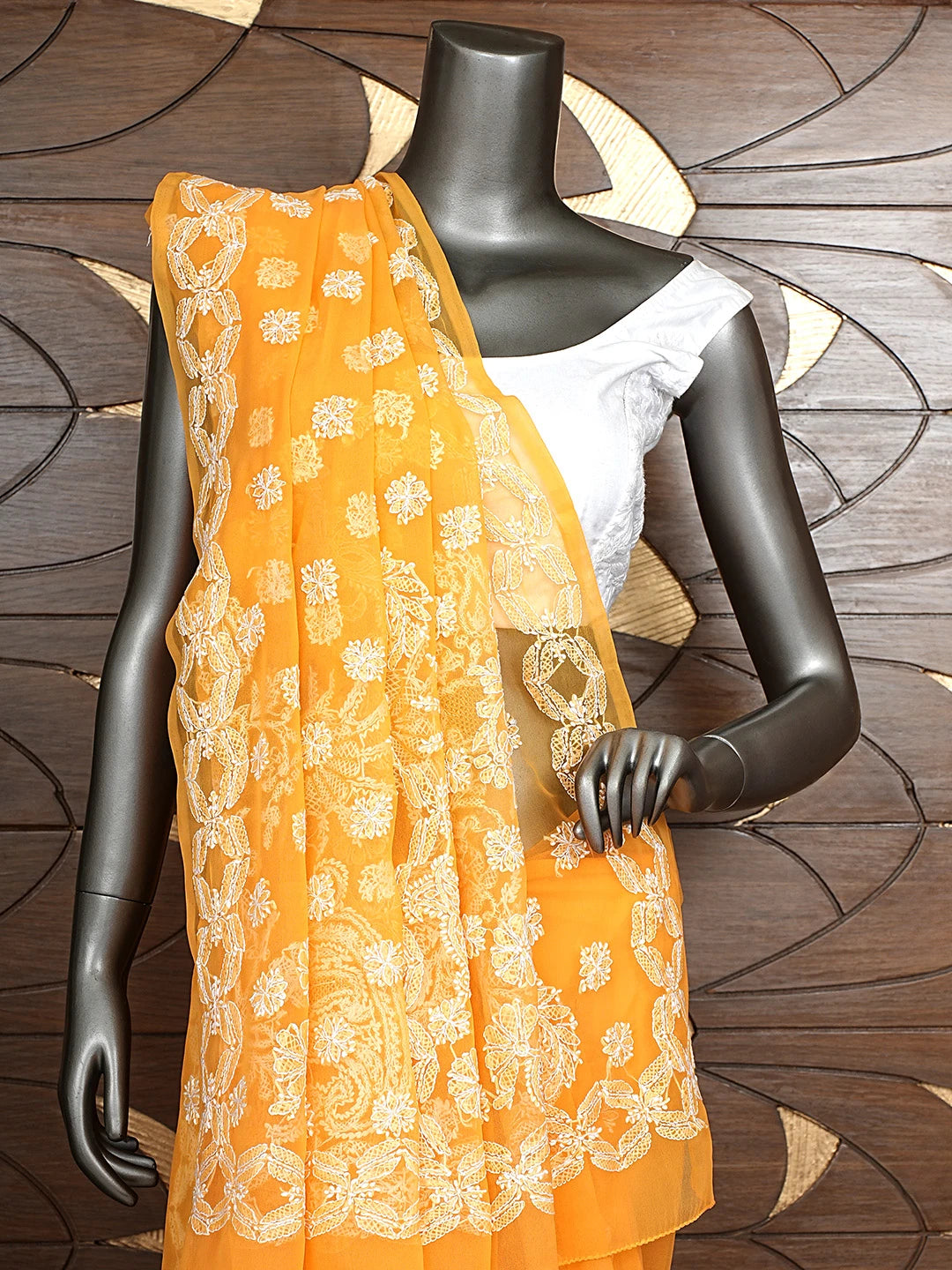 Ada Hand Embroidered Mustard Georgette Lucknowi Chikankari Saree and Blouse 01A825620