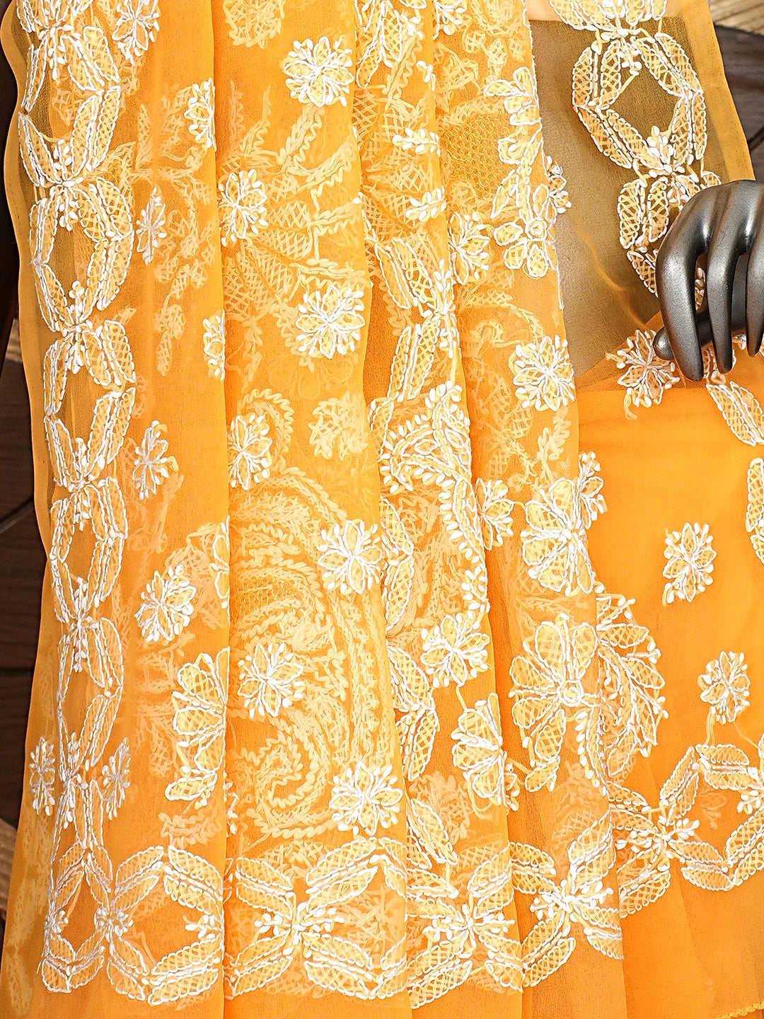 Ada Hand Embroidered Mustard Georgette Lucknowi Chikankari Saree and Blouse 01A825620