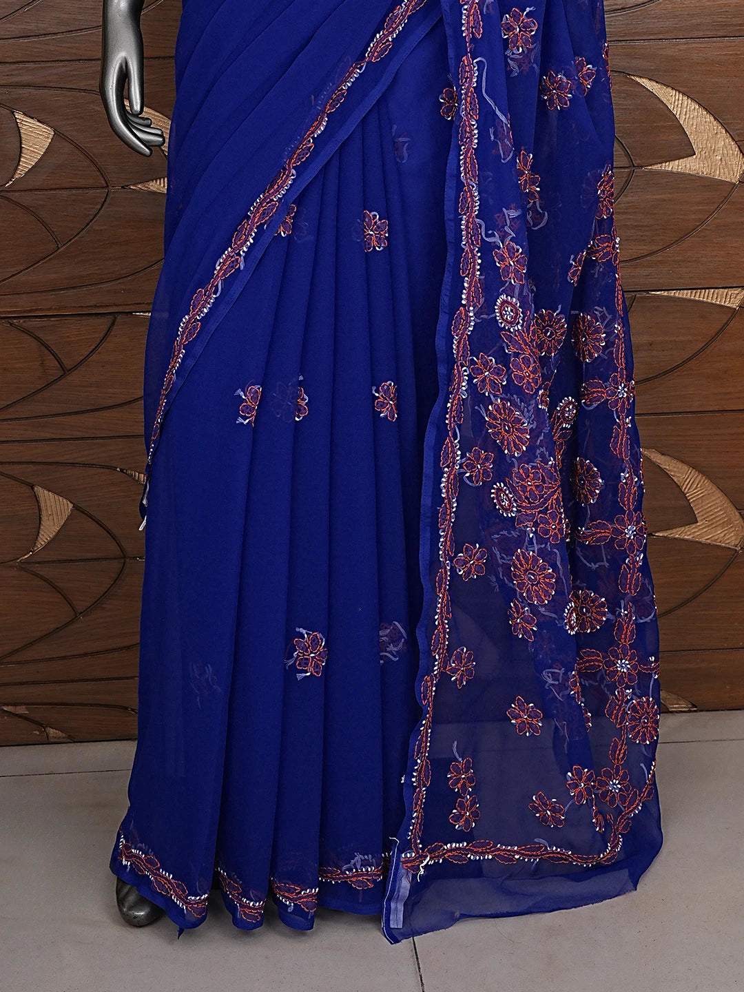 Ada Hand Embroidered Royal Blue Georgette Lucknowi Chikankari Saree and Blouse 01A905482