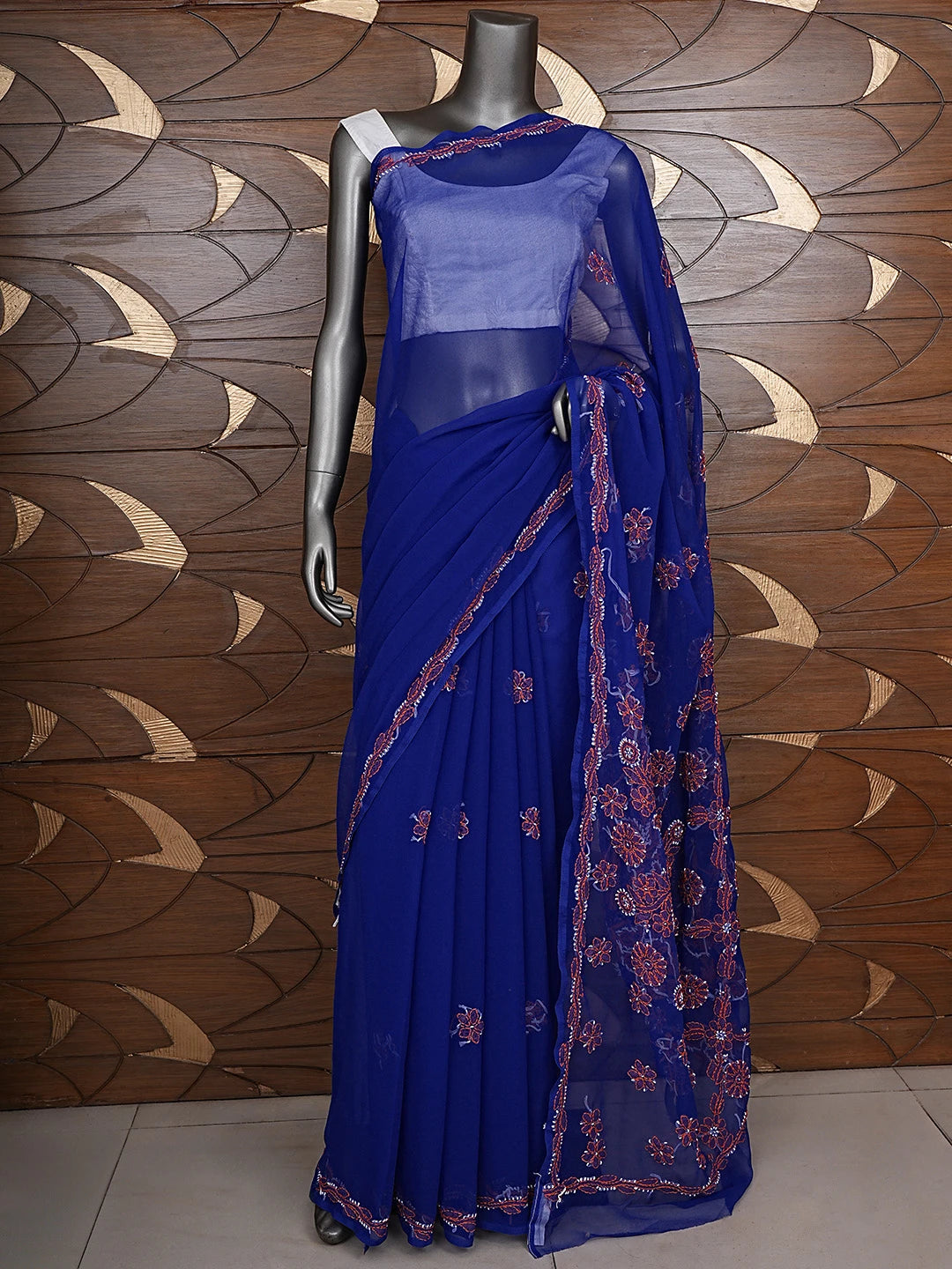 Ada Hand Embroidered Royal Blue Georgette Lucknowi Chikankari Saree and Blouse 01A905482