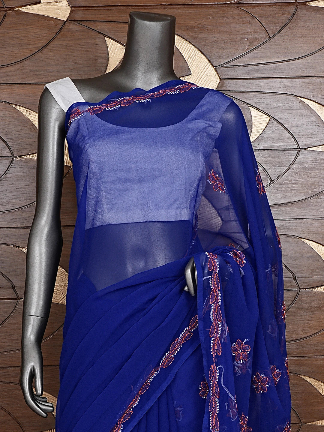 Ada Hand Embroidered Royal Blue Georgette Lucknowi Chikankari Saree and Blouse 01A905482