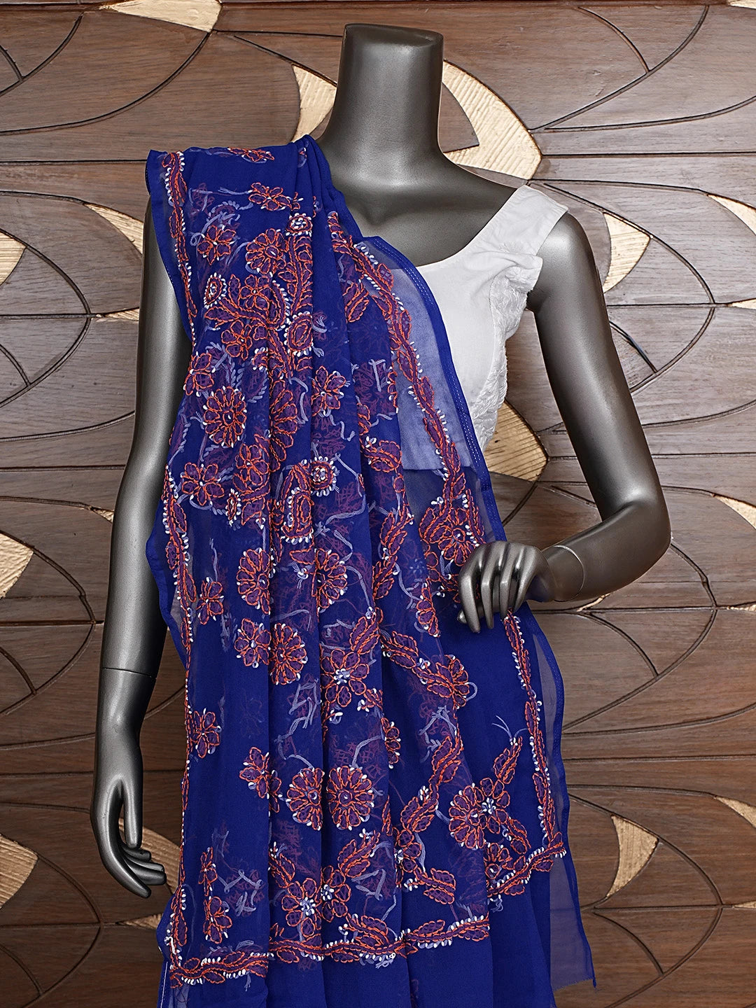 Ada Hand Embroidered Royal Blue Georgette Lucknowi Chikankari Saree and Blouse 01A905482