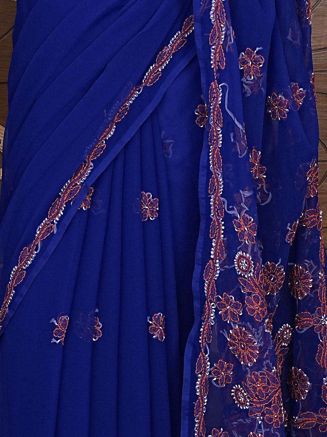 Ada Hand Embroidered Royal Blue Georgette Lucknowi Chikankari Saree and Blouse 01A905482
