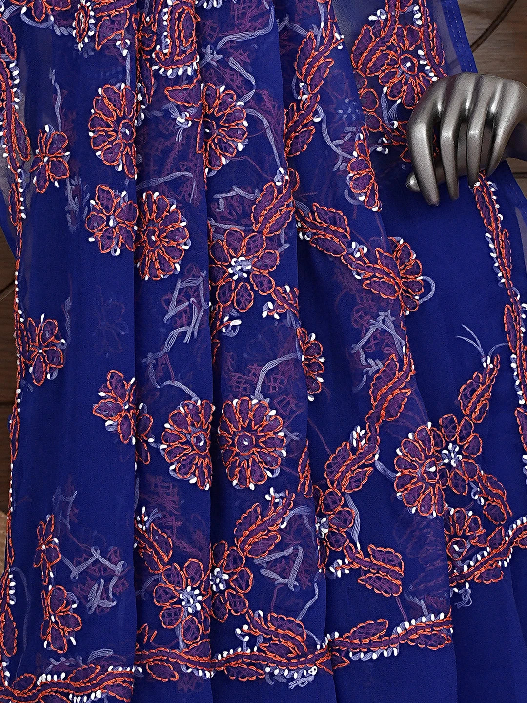 Ada Hand Embroidered Royal Blue Georgette Lucknowi Chikankari Saree and Blouse 01A905482
