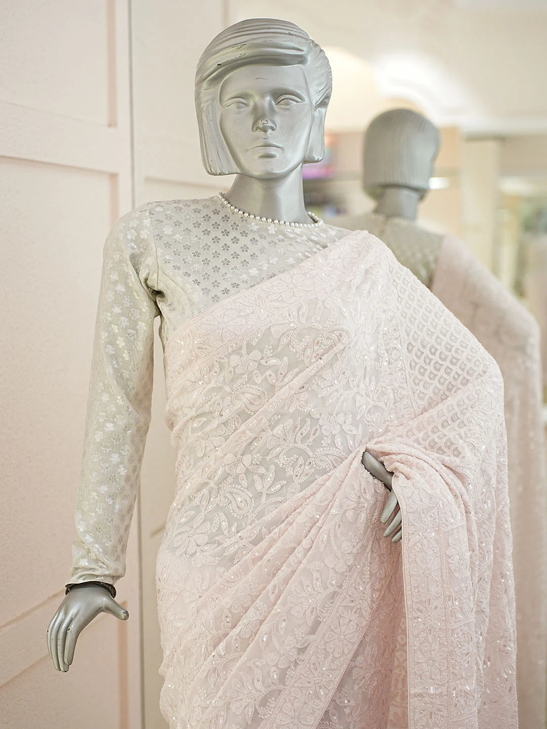 Ada Hand Embroidered Pink Viscose Georgette Lucknowi Chikankari Saree and Blouse With Cutdana Work 01A782278